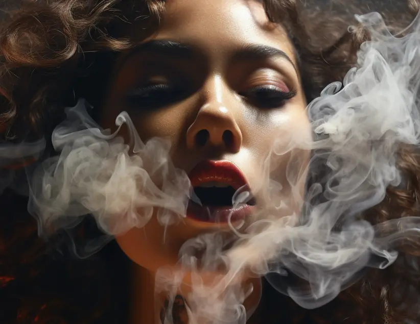 woman inhaling second hand smoke