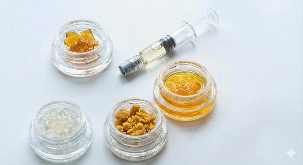 A close-up of cannabis concentrates, showing a mound of crumbly wax next to a piece of amber-colored shatter on a clean surface.