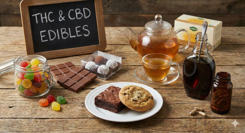 A variety of cannabis edibles arranged on a table, including colourful gummies, chocolate squares, a cookie, tea, syrup, and capsules.
